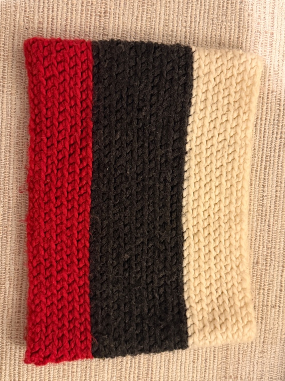 Knit Striped Circle Scarf - Red, Charcoal, Cream